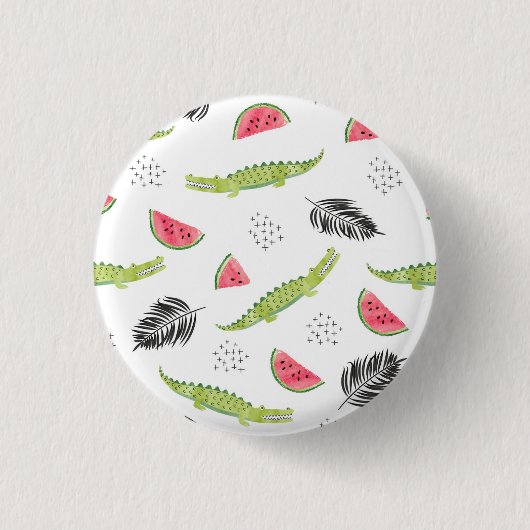 Tropisches Wassermelone-u. Krokodil-Muster Button (Vorderseite)