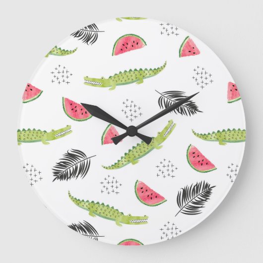 Tropisches Wassermelone-u. Krokodil-Muster Große Wanduhr (Vorderseite)