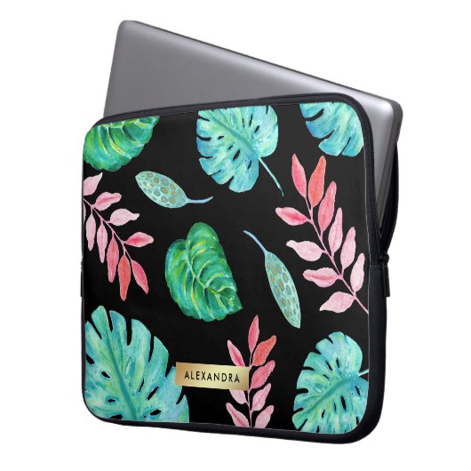 Tropisches Watercolor-Blätter auf Schwarzem mit Laptopschutzhülle (Vorderseite Links)