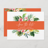 Tropisches Watercolorlaubskript Save the Date Ankündigungspostkarte (Vorne/Hinten)