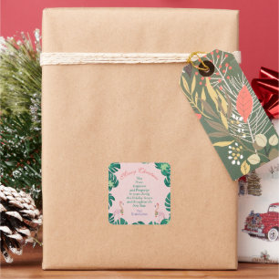 Tropisches Weihnachten Pink Flamingo Weihnachtsman Quadratischer Aufkleber