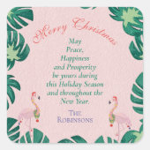 Tropisches Weihnachten Pink Flamingo Weihnachtsman Quadratischer Aufkleber (Vorderseite)