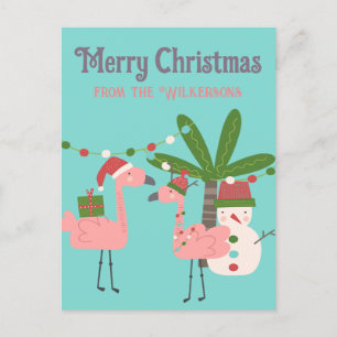 Tropisches Weihnachten Rosa Flamingos auf Türkis Postkarte