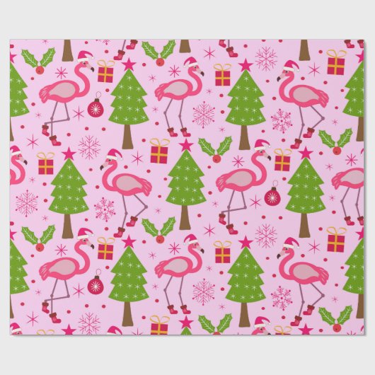 Tropisches Weihnachtsfest Flamingo mit Pine Tree a Geschenkpapier (Flach)