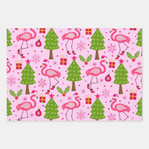 Tropisches Weihnachtsflamingo mit Kiefer auf Rosa Geschenkpapier Set