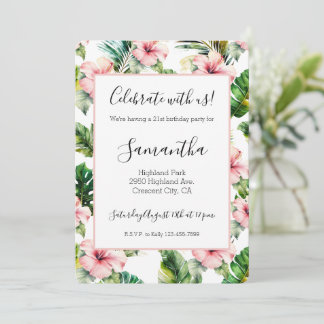 Tropisches Weiß Rosa Hibiskus Florales Geburtstag Einladung