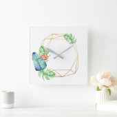 Tropisches weißes Flamingo Leaf Poligonal Quadratische Wanduhr (Zuhause)