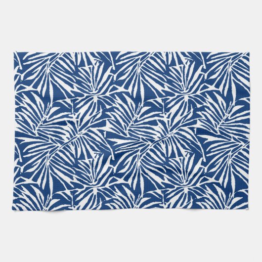 Tropisches weißes und blaues Leaf-Muster Geschirrtuch (Horizontal)