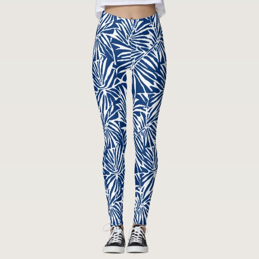 Tropisches weißes und blaues Leaf-Muster Leggings (Vorderseite)