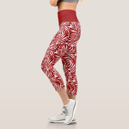 Tropisches weißes und rotes Leaf-Muster Capri Leggings