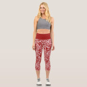 Tropisches weißes und rotes Leaf-Muster Capri Leggings (Vorderseite)