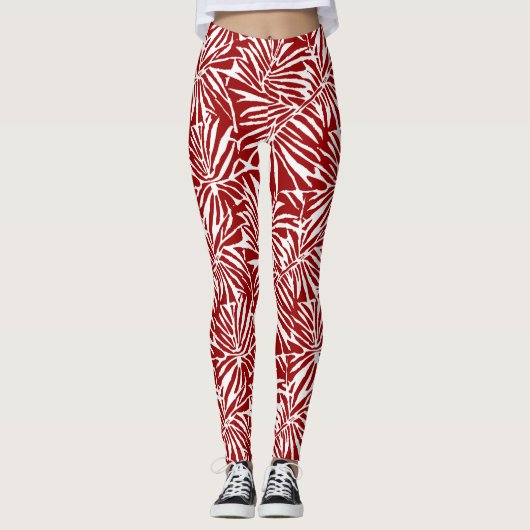 Tropisches weißes und rotes Leaf-Muster Leggings (Vorderseite)