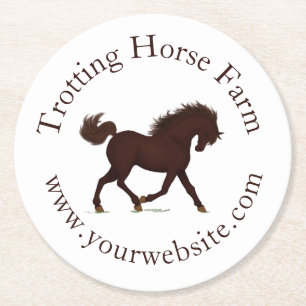 Trotting Brown Horse Circular Text Reittier Runder Pappuntersetzer