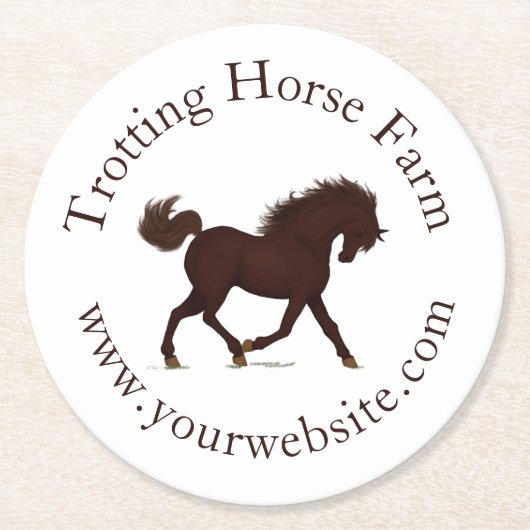 Trotting Brown Horse Circular Text Reittier Runder Pappuntersetzer (Vorderseite)