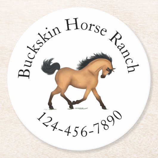 Trotting Buckskin Horse Circular Text Reittier Runder Pappuntersetzer (Vorderseite)