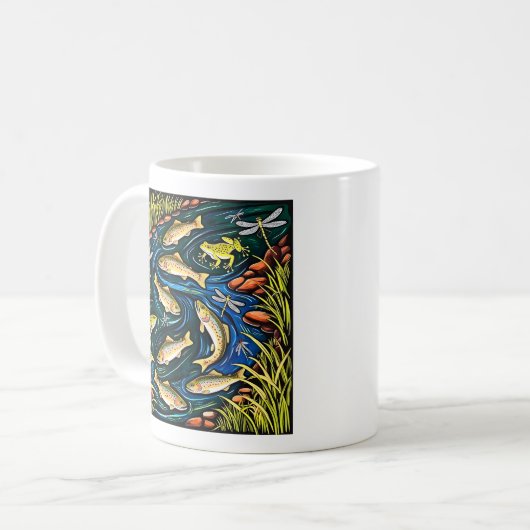 Trout Stream Harmony - Folk Art Fish, Frogs & Drag Kaffeetasse (Vorderseite Links)