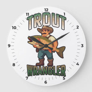 Trout Wrangler Cartoon-Vektorillustration Große Wanduhr