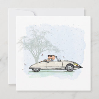 Trouwkaart bruidspaar in Citroen DS cabriolet