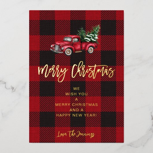 Truck & Buffalo Karo Frohe Weihnachten Folieneinladung (Vorderseite)