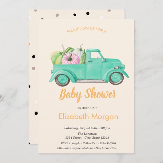 Truck Pumpkin, Polka Dots Baby Dusche Einladung (Vorne/Hinten)
