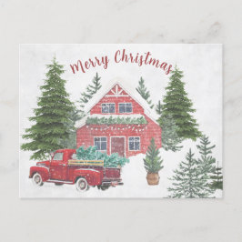 Truck Winter Snow House Weihnachtsbaum Rot Feiertagspostkarte