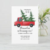 Truck Wood Red Kariert Erstgeburtstag Einladung (Stehend Vorderseite)