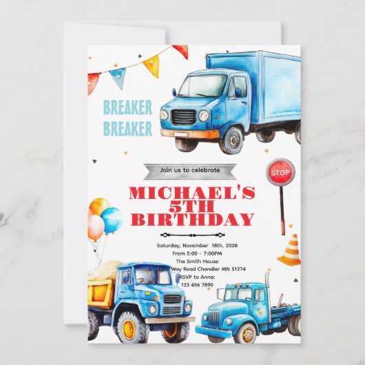 Trucks birthday party theme invitation einladung (Vorderseite)