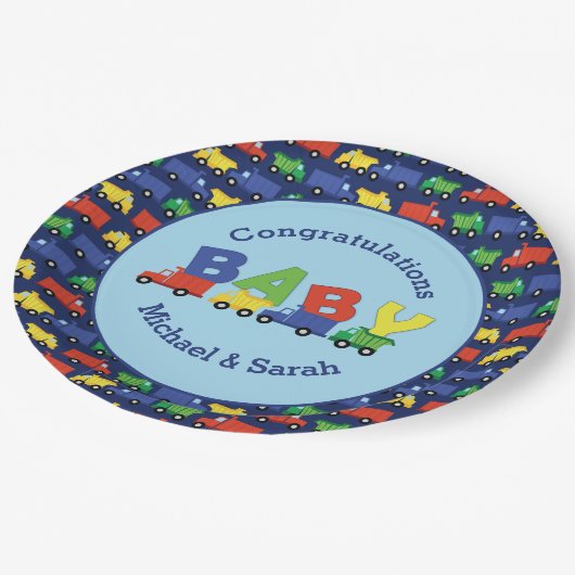Trucks Boy Baby Shower Construction Niedlich Pappteller (Schrägansicht)