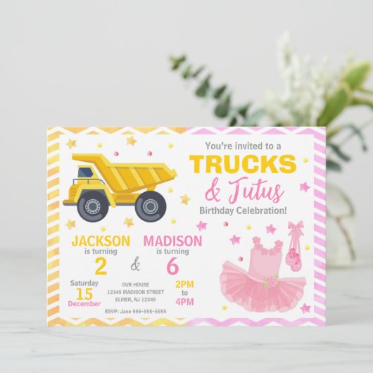 Trucks & Tutus Joint Birthday Invitation Einladung (Stehend Vorderseite)