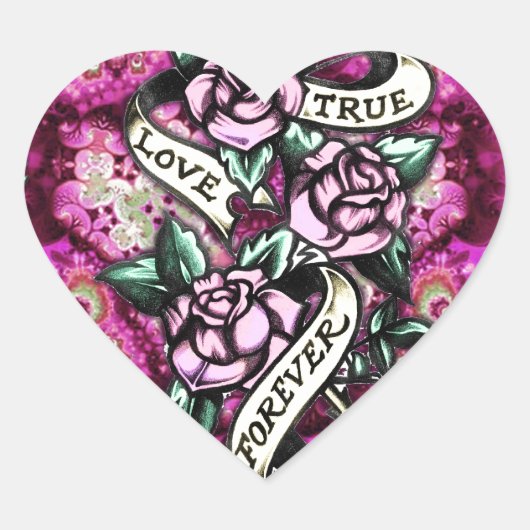 True Love Forever Rockabilly Rose Muster. Herz-Aufkleber (Vorderseite)