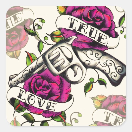 True Love Old School Pistole Tattoo Kunst. Quadratischer Aufkleber (Vorderseite)