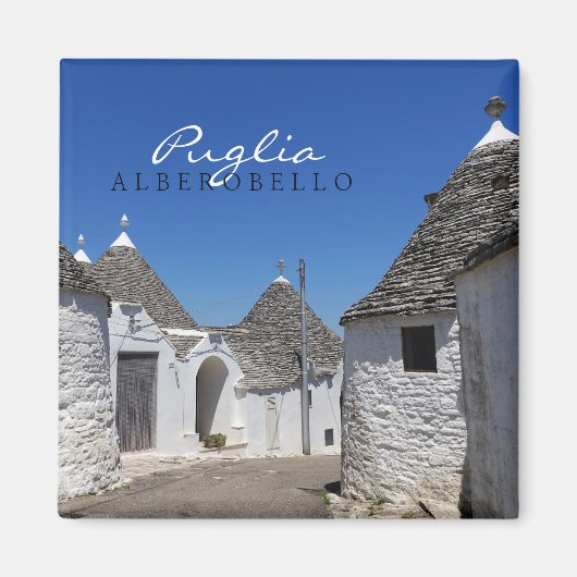 Trulli-Häuser in Alberobello, Apulien, Textmagnet Magnet (Vorne)