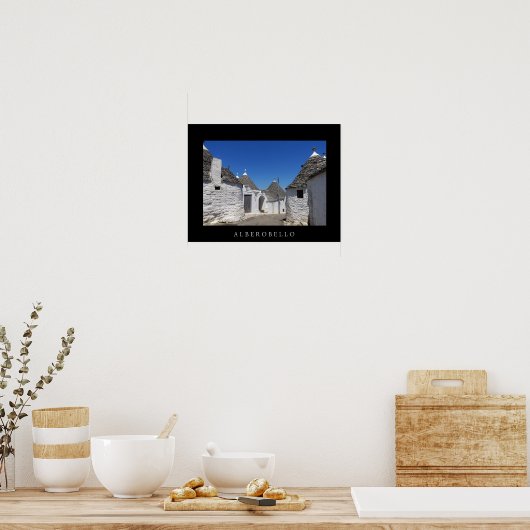 Trulli-Häuser in Alberobello, Puglia, schwarzes Po Poster (Küche)