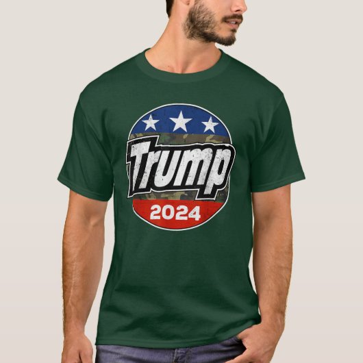 Trump 2024 für Präsident Retro Camouflage Button T-Shirt (Vorderseite)