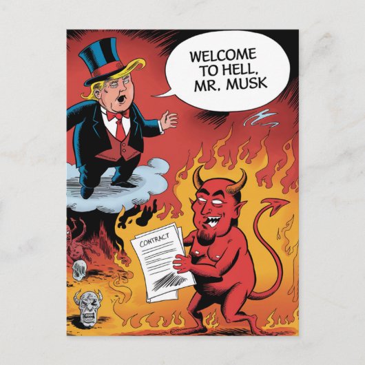 Trump Cartoon Willkommen in Hell Mr. Musk Postkarte (Vorderseite)