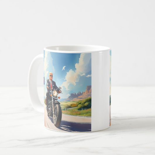 Trump fährt Motorrad über 47 Schildern SüdwestUSA Kaffeetasse (Vorderseite Links)