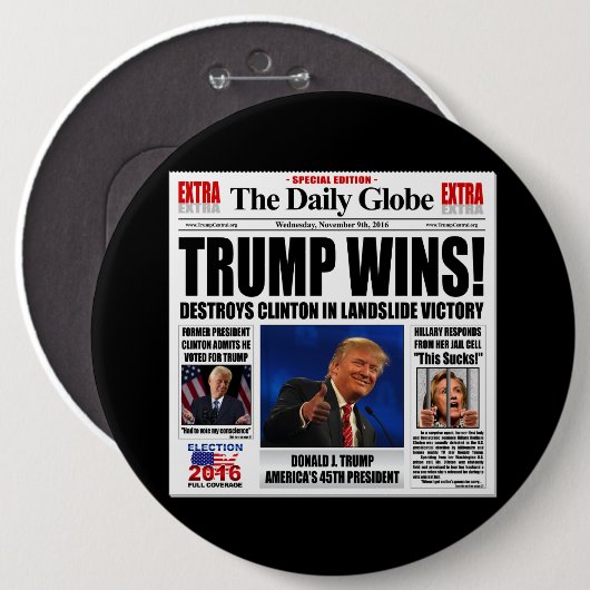 Trump gewinnt! Funny Anti Clinton Newspaper Satire Button (Vorne & Hinten)