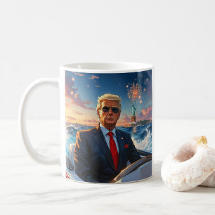 Trump in Speedboat Statue der Freiheitsfeuerwerke Kaffeetasse