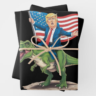 Trump reitet auf Dinosaurier T Rex USA Amerikanisc Geschenkpapier Set