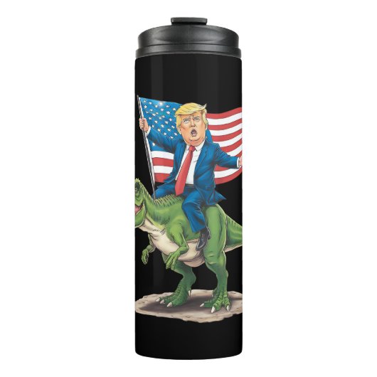 Trump Riding Dinosaur T Rex US-amerikanische Flagg Thermosbecher (Vorderseite)