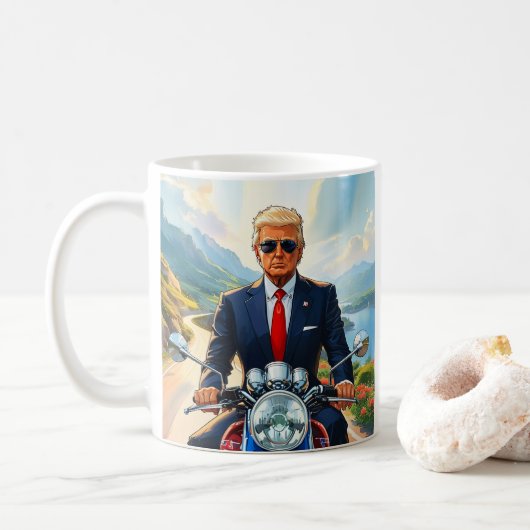 Trump Riding Motorrad in schönen Bergen USA Kaffeetasse (Mit Donut)