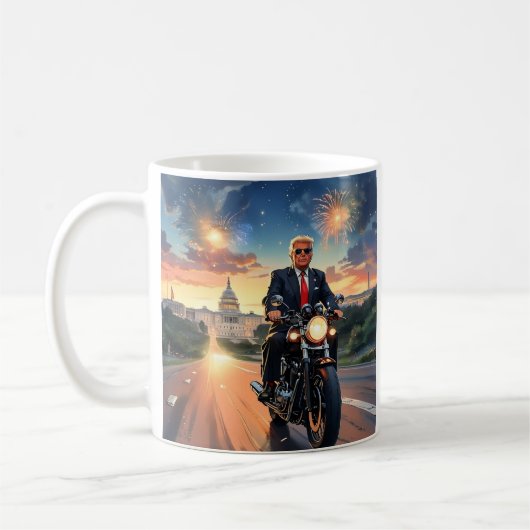 Trump Riding Motorrad US Hauptstadt Fireworks MAGA Kaffeetasse (Links)