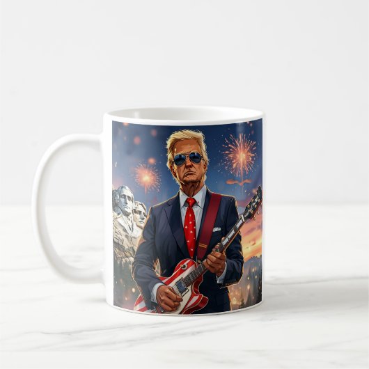 Trump spielt elektrische Gitarre Mount Rushmore MA Kaffeetasse (Links)