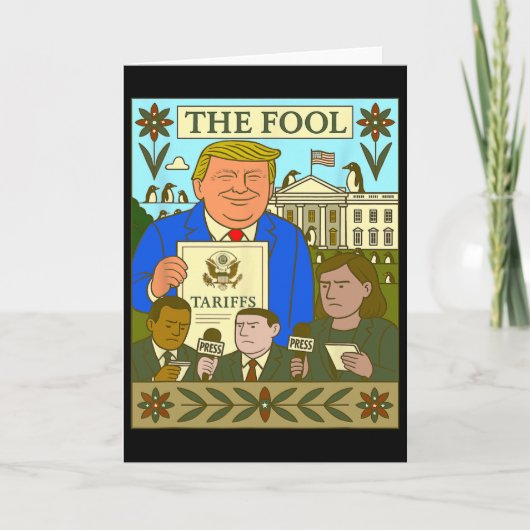 Trump Tarot Karte The Fool erhebt Zoll auf Pinguin (Vorderseite)