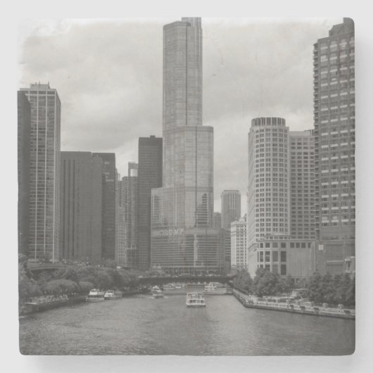 Trump Tower Chicago River Grayscale Steinuntersetzer (Vorderseite)