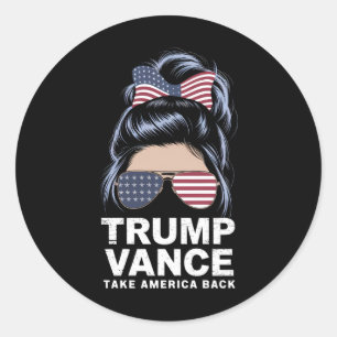 Trump Vance holt Amerika zurück, Messy Bun Girl Runder Aufkleber