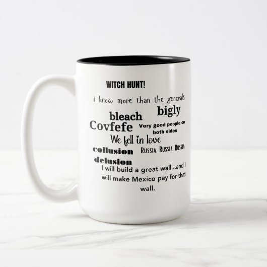Trump Word Cloud Typografie Zweifarbige Tasse (Links)