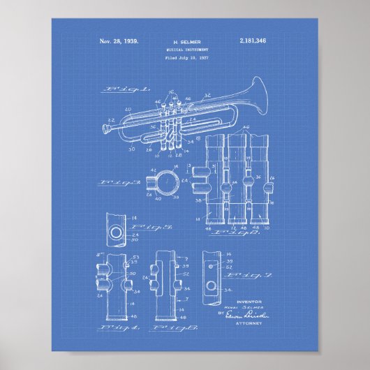 Trumpet 1939 Patent Art Blueprint Poster (Vorne)