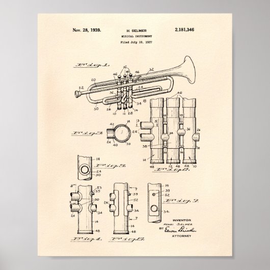 Trumpet 1939 Patent Art Old Peper Poster (Vorne)