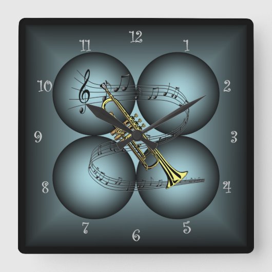 Trumpet ~ 4 Globe ~ Musical Clock ~Musical Scale ~ Quadratische Wanduhr (Vorderseite)